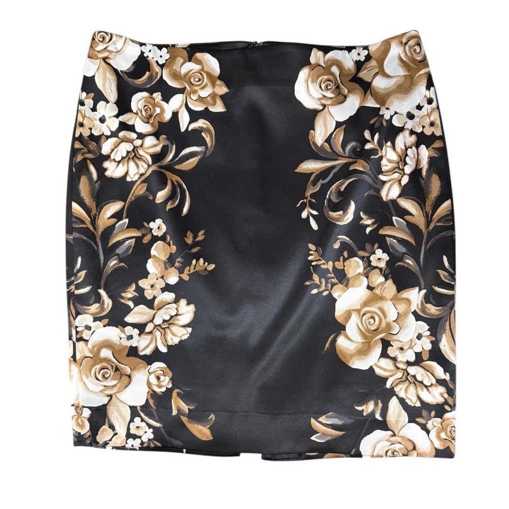 White House Black Market Floral Satin‎ Skirt Size 4 | Black Beige | Mirror Print